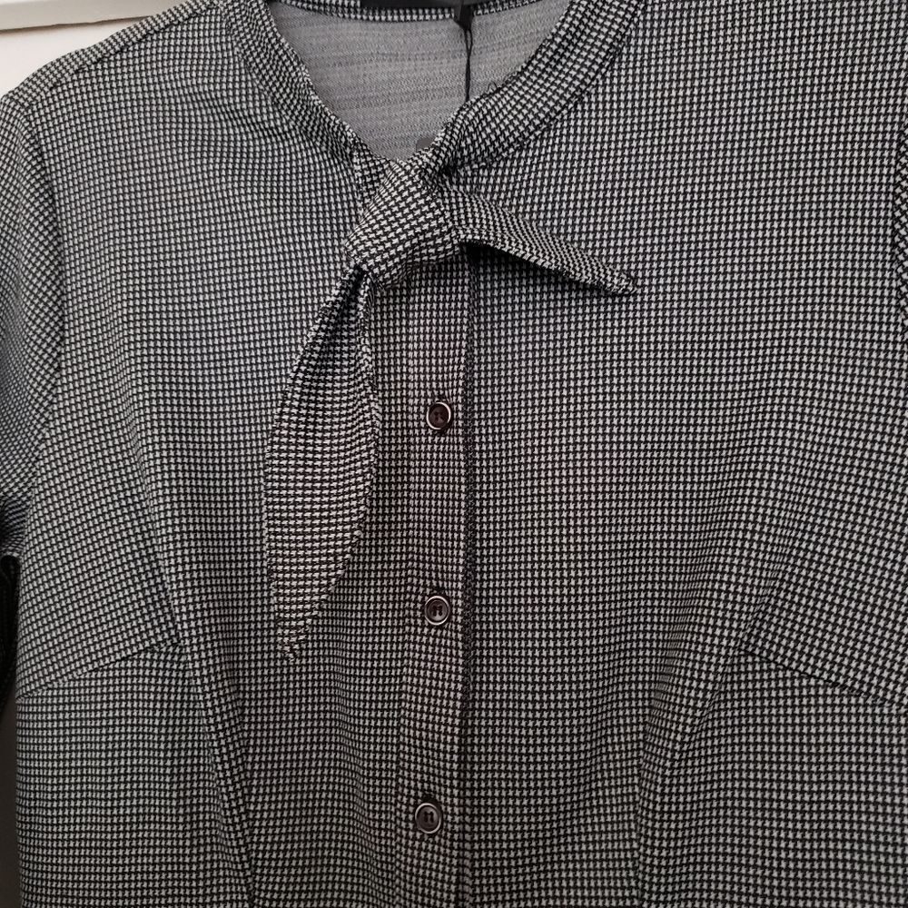 Allegra K Women's Tie Neck Button Up Work Office Plaid Houndstooth Midi Dress  - Picture 6 of 7